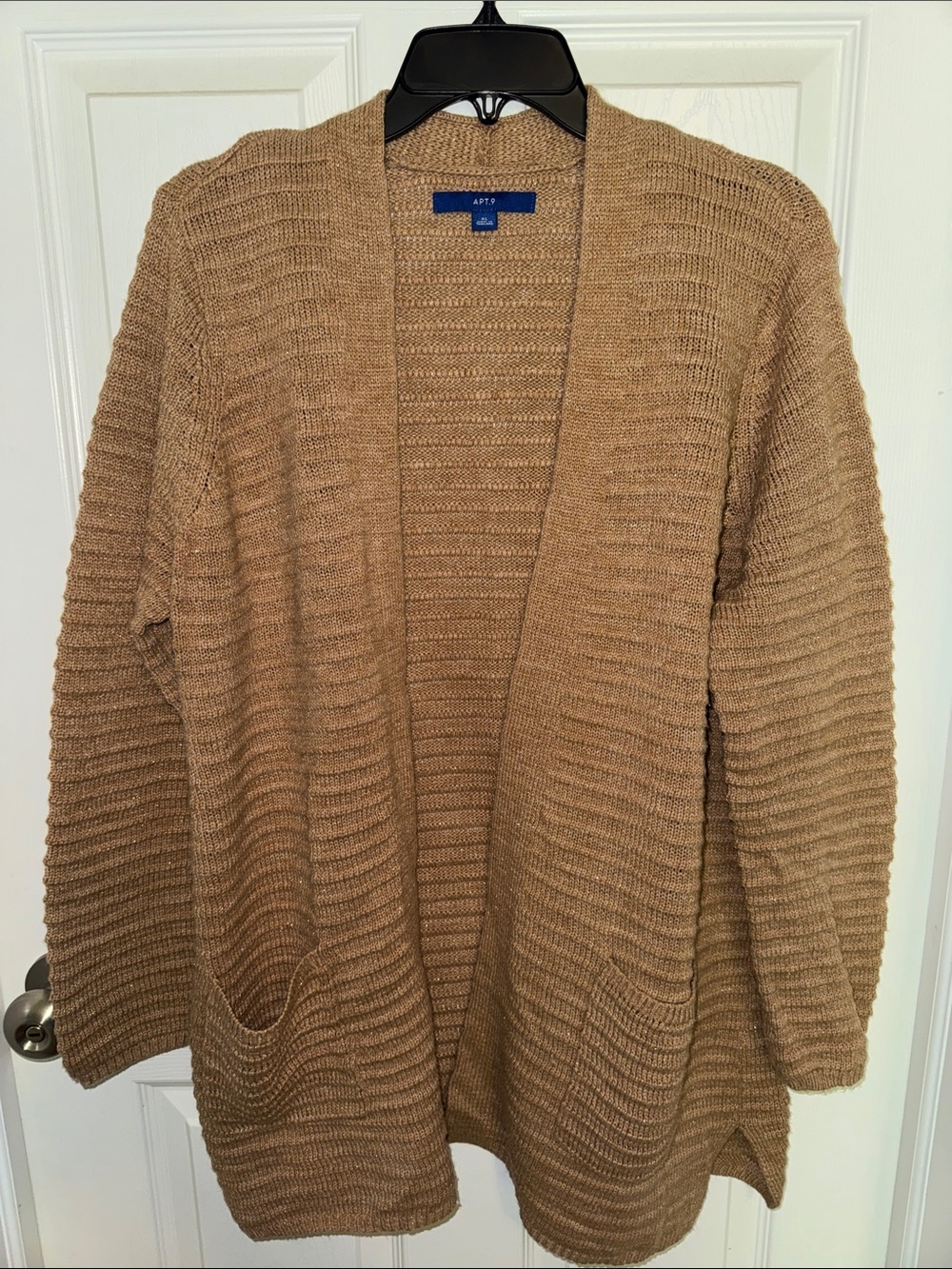 EUC Apt. 9 Open-Front Cardigan Sweater in Camel Brown with Subtle Shimmers